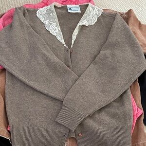 Vintage Laura Ashley Brown Cardigan with Lace collar